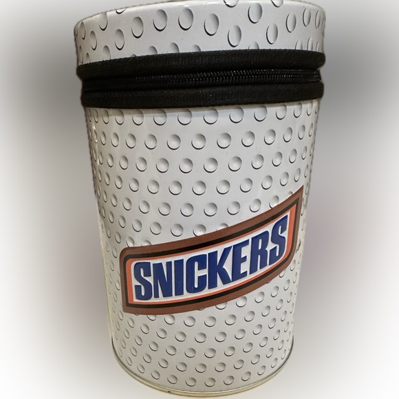 VTG 2004 SNICKERS ZIPPER LID GOLF TIN DECOR STORAGE 6.25”x4” WHITE BROWN ORANGE - Picture 2 of 12